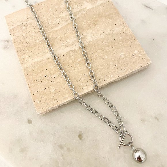 925 Sterling Silver Chunky Toggle Ball Necklace Minimalist Ball Pendant Necklace - Picture 4 of 4